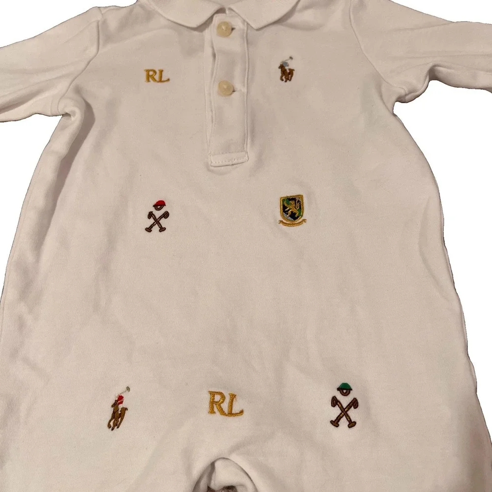 Ralph Lauren Baby Polo Jumpsuit 3M White Footless One Piece Preppy Infant Outfit
